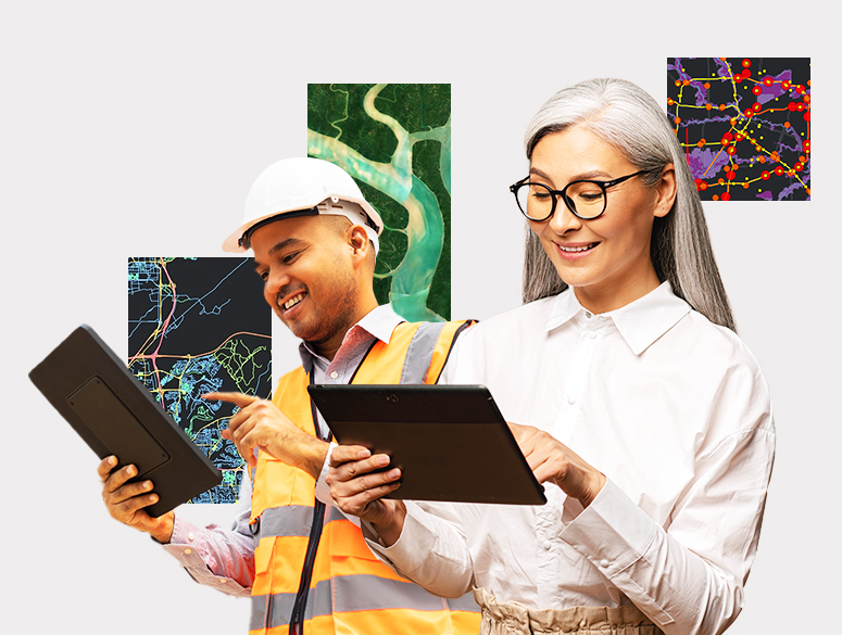 Un obrero de la construcción y una persona con blusa blanca sonríen y utilizan tabletas con tres mapas diferentes de fondo