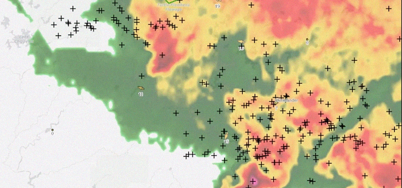 A detailed weather map showing storm intensity levels across a region.