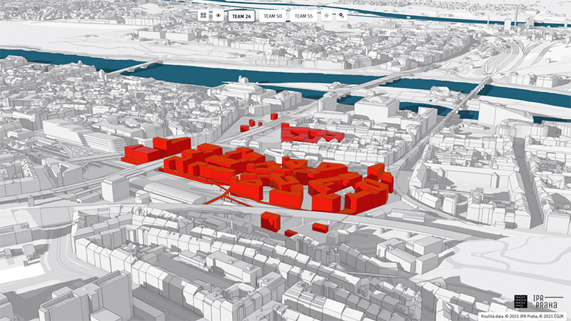 Una representación en pantalla en 3D de Praga muestra los edificios seleccionados en rojo mientras que otros permanecen en blanco. 