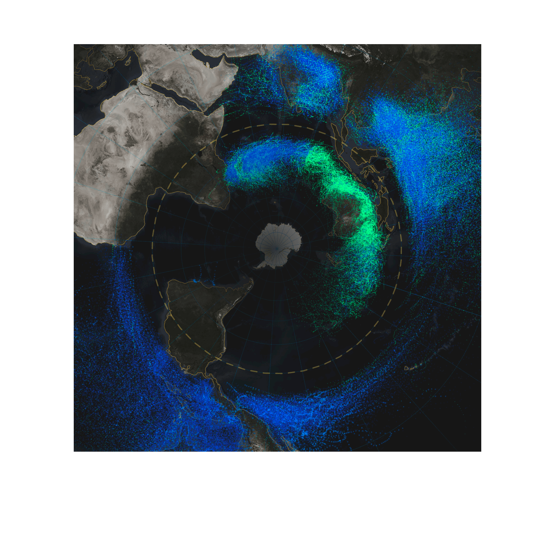 Un mapa del hemisferio sur muestra un anillo azul y verde brillante alrededor de la Antártida que representa las trayectorias de los huracanes y las tormentas tropicales desde 1851