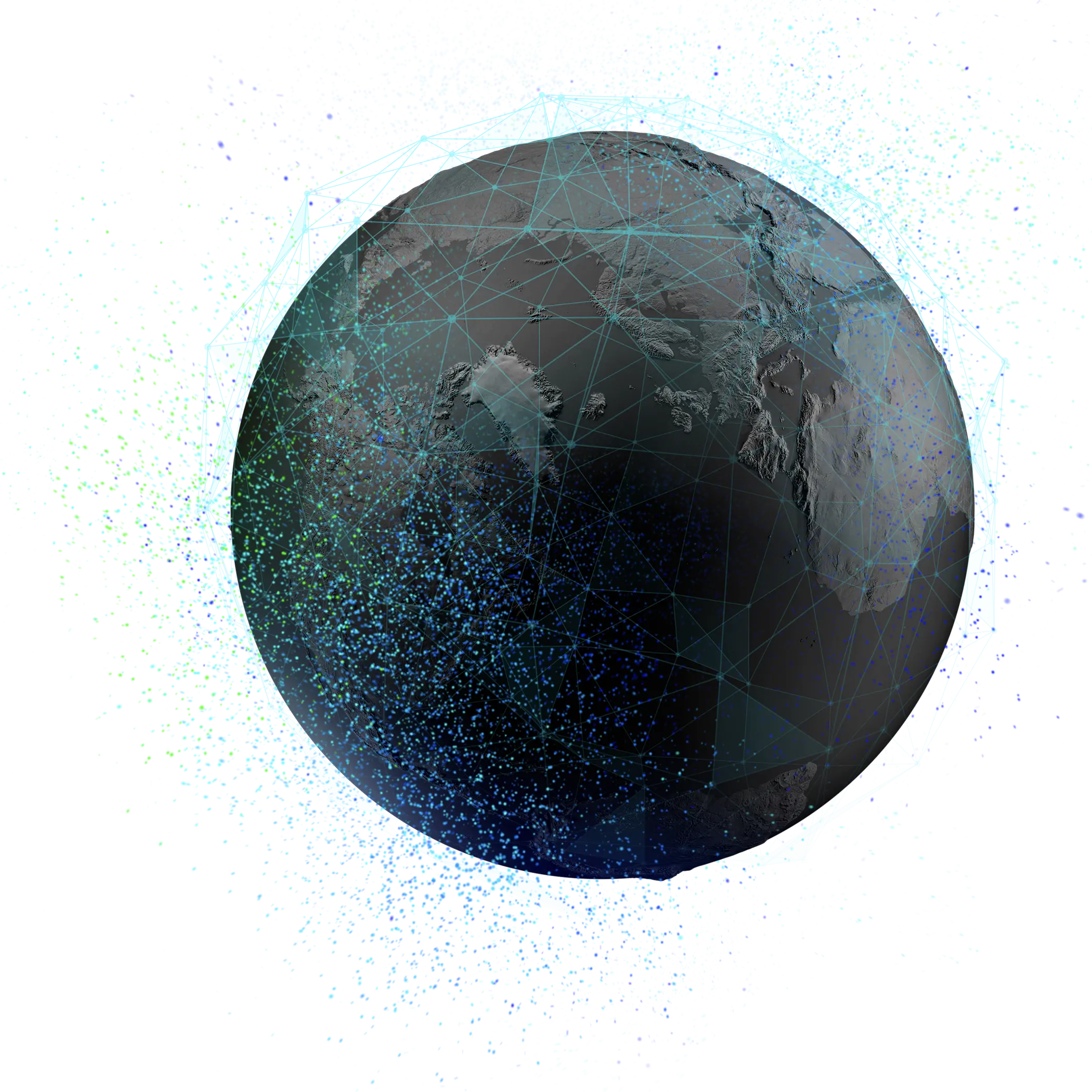 Un globo gris oscuro con una red azul y verde de líneas y puntos a su alrededor