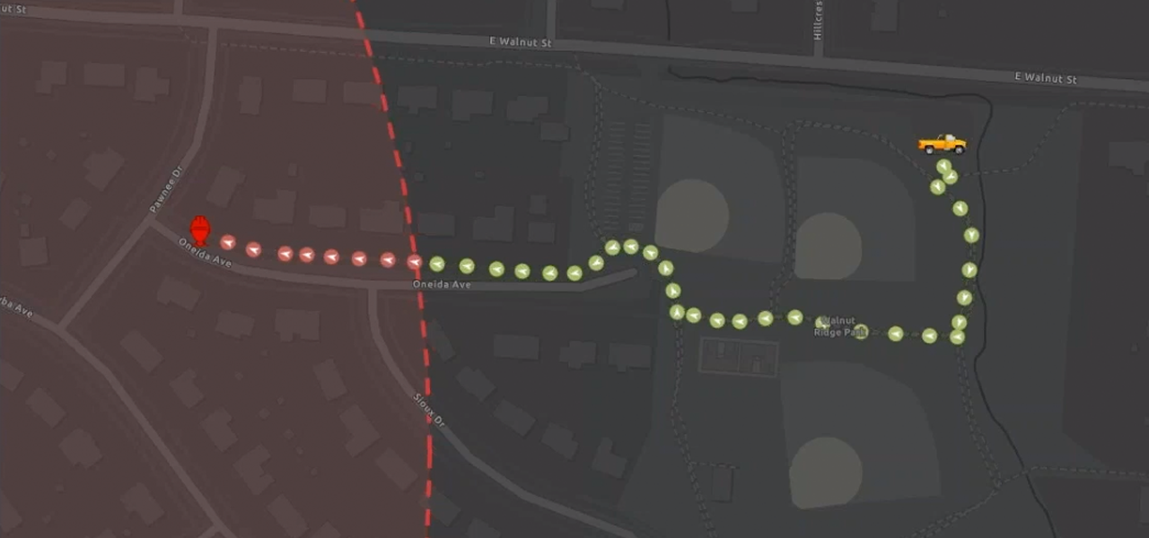 A digital map showing a route marked with green and red dots, indicating a path or progression. 